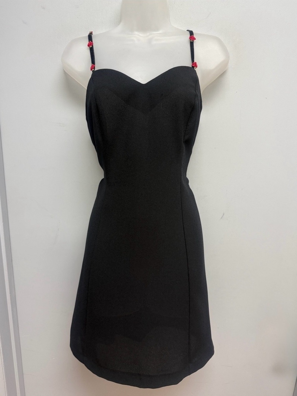 Vintage Steppin’ Out Black Mini Dress Rose Strap Slip Dress Y2K Glam Size M
